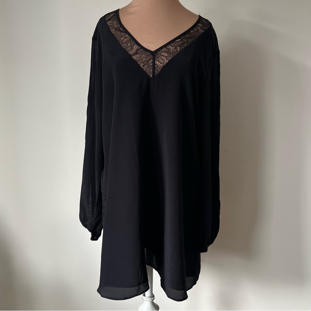 Lavender Brown Long Sleeve Silk Lace Inset B-Neck Black Tent Dress NWT Size M